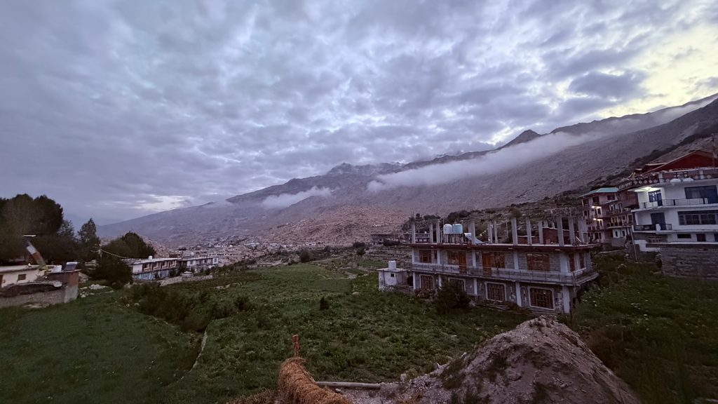 Quiet morning in Nako village with clouds hugging the mountains in Spiti