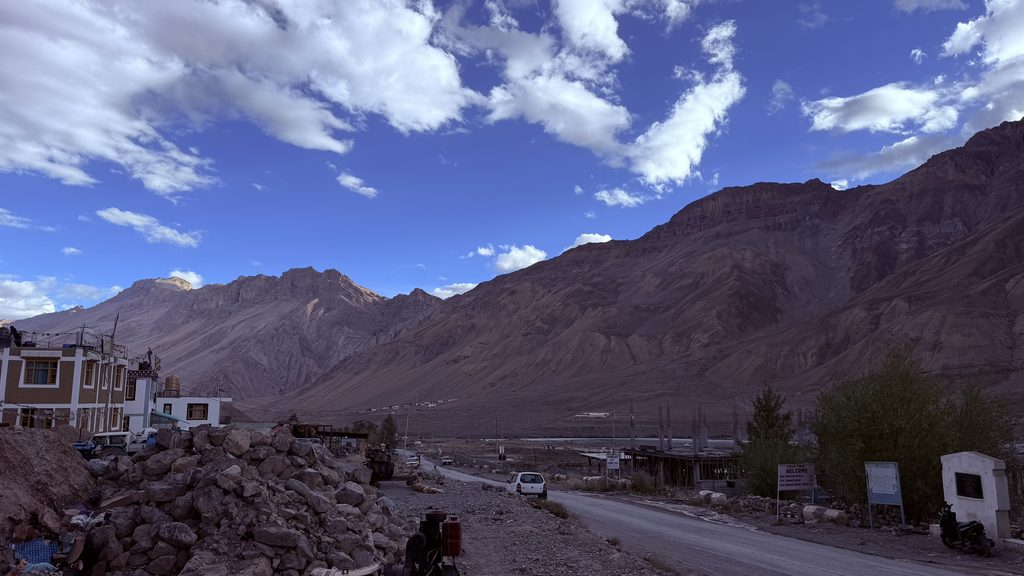 Reaching Kaza in Spiti Valley with mountain landscape and town view